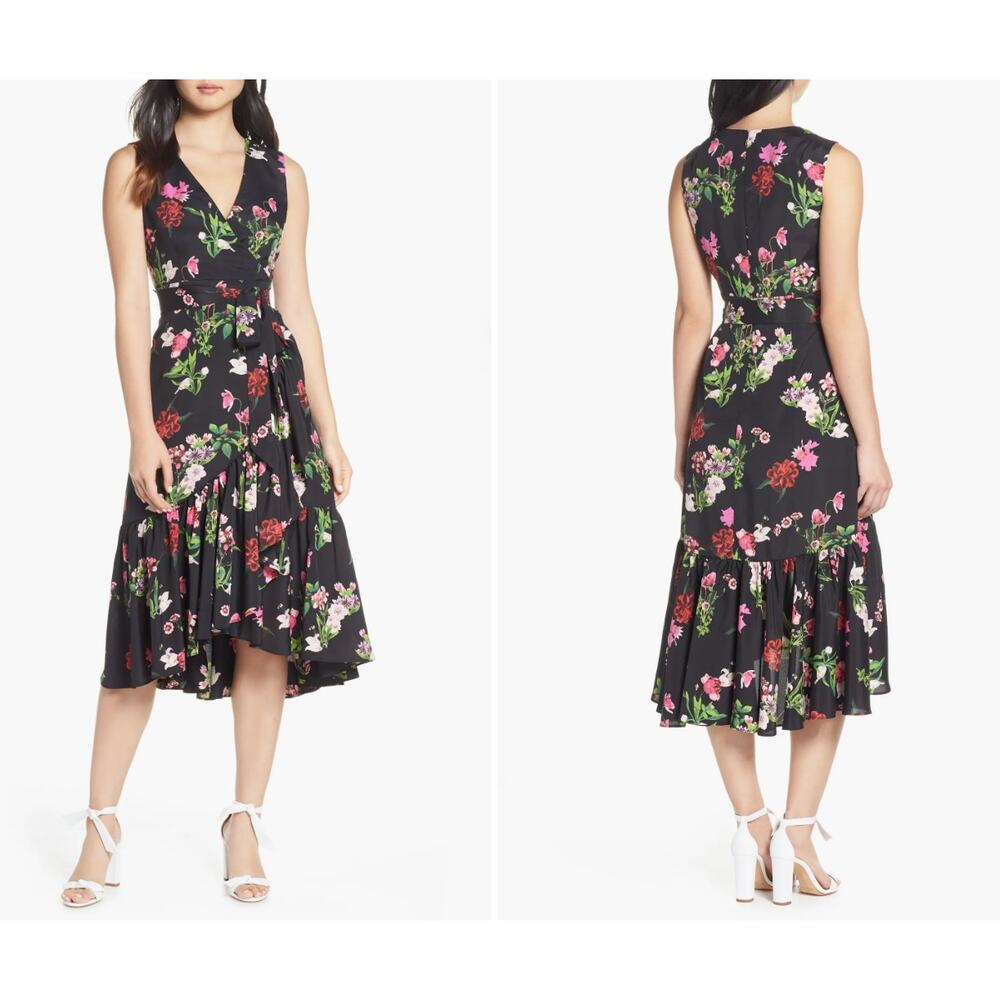 Eliza J Dress Womens 4 Floral Ruffle Hem Faux Wrap V Neck Sleeveless Flowy Fairy